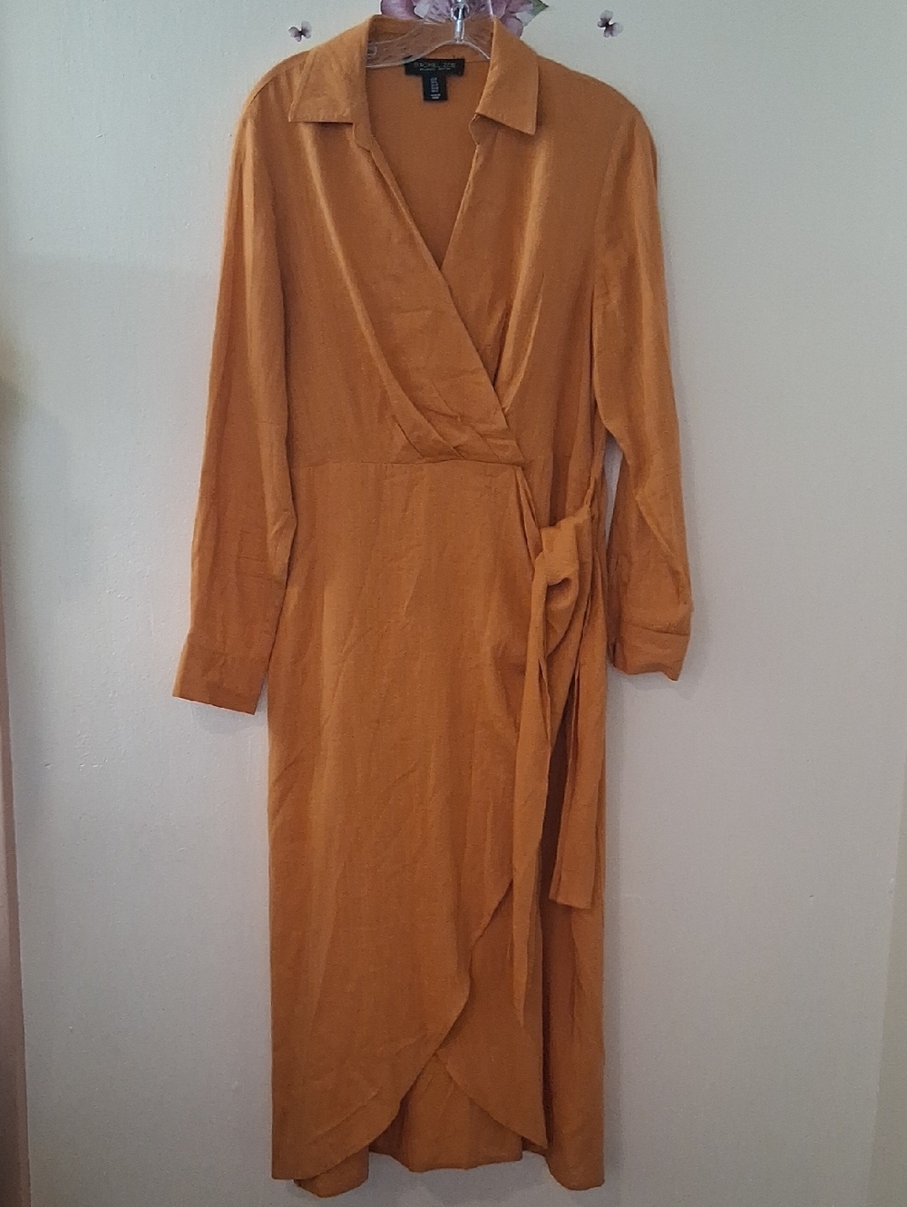 Rachel Zoe Linen Blend Wrap Dress Size 8 Orange Long Sleeve Collared